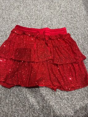 Red Sequin Tiered Mini Skirt - Women's